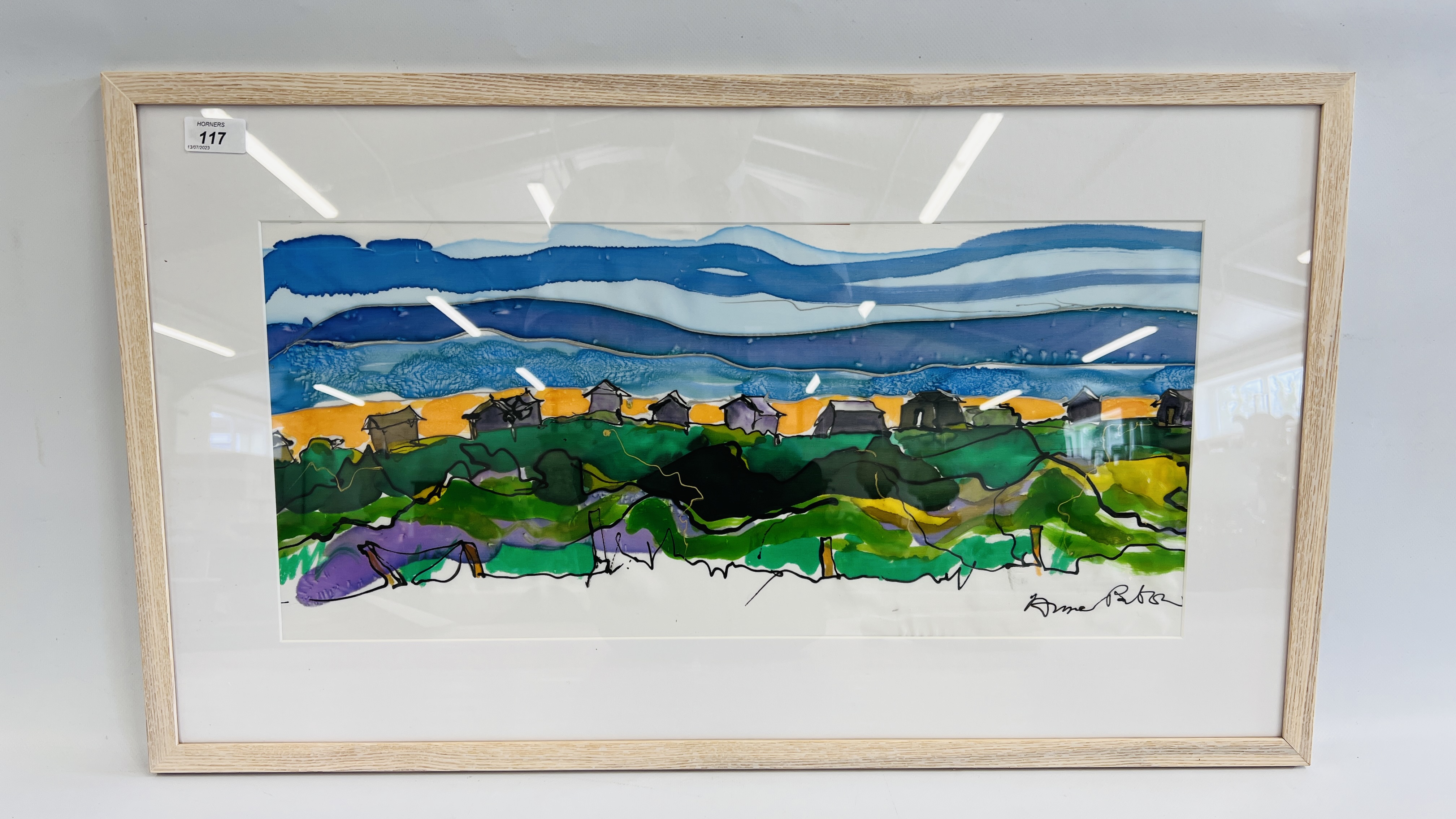 ANNE PATON INK ON SILK ORIGINAL "BEACH HUTS" FRAMED AND MOUNTED 60.5CM X 28CM.
