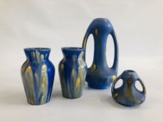 AN ART DECO GERMAN STYLE TWO HANDLED BLUE GLAZED VASE H 23CM AND A SMALLER EXAMPLE H 9CM + A PAIR