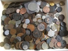BOX OF COINS WITH A FEW SILVER, OLDER FOREIGN, VICTORIAN PENNIES, WORN BANKNOTES ETC.