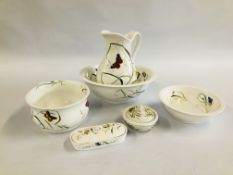 VICTORIAN SIX PIECE WASH SET, HAND DECORATED WITH BUTTERFLIES, LADYBIRDS AND GRASSES A/F CONDITION.