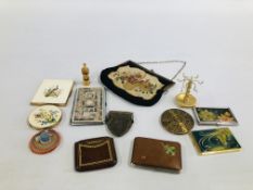 A BOX CONTAINING VINTAGE COMPACTS, BAGS, PURSE ETC.