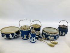 A COLLECTION OF DARK BLUE WEDGWOOD JASPERWARE TO INCLUDE BISCUIT BARRELS, SALAD BOWLS AND SERVERS,
