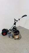 A POWER BOY ELECTRIC GOLF BAG TROLLEY COMPLETE WITH 2 BATTERIES AND CHARGERS.