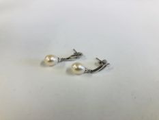 A PAIR OF 9CT WHITE GOLD DIAMOND AND PEARL DROP EARRINGS.