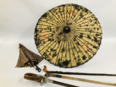 AN ANTIQUE UMBRELLA WITH ORNATE WHITE METAL HANDLE DEPICTING A SQUIRREL BEARING SIGNATURE F STOLL