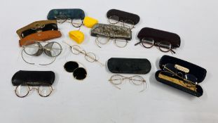BOX CONTAINING A QUANTITY OF MIXED VINTAGE SPECTACLES MANY CASED INCLUDING YELLOW METAL FRAMED,