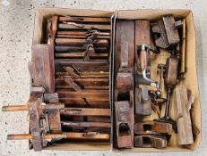AN EXTENSIVE COLLECTION OF VINTAGE WOOD WORKING PLANES & TWO HAND HELD DRILLS ETC.