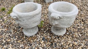 A PAIR OF STONEWORK PEDESTAL TUB PLANTERS WITH SCROLLED HANDLES AND FOLLIATE DESIGN, HEIGHT 46CM,