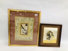 AN ORIENTAL HAND PAINTED PICTURE. W 28CM X H 37.5CM + A FRAMED "CHOKIN ART" PICTURE.