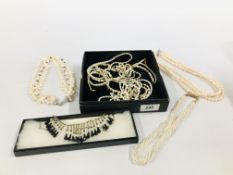 A GROUP OF PEARL AND SIMULATED PEARL NECKLACES ALONG WITH A VINTAGE STYLE EVENING NECKLACE ETC.