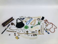 A BOX OF COSTUME JEWELLERY, WATCHES, BRACELETS AND NECKLACES ETC.