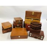 A GROUP OF 9 HANDMADE STORAGE BOXES AND LETTER RACK.