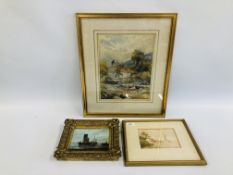 A FRAMED WATERCOLOUR "COX'S EEL PIT" BARTON BEARING SIGNATURE LESLIE RACKHAM - W 17.