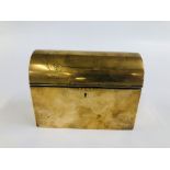 AN ANTIQUE VICTORIAN BRASS DOMED STATIONERY BOX, SILK LINED MARKED LOVEGROVE AND FLINT BELGRAVIA.