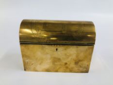 AN ANTIQUE VICTORIAN BRASS DOMED STATIONERY BOX, SILK LINED MARKED LOVEGROVE AND FLINT BELGRAVIA.