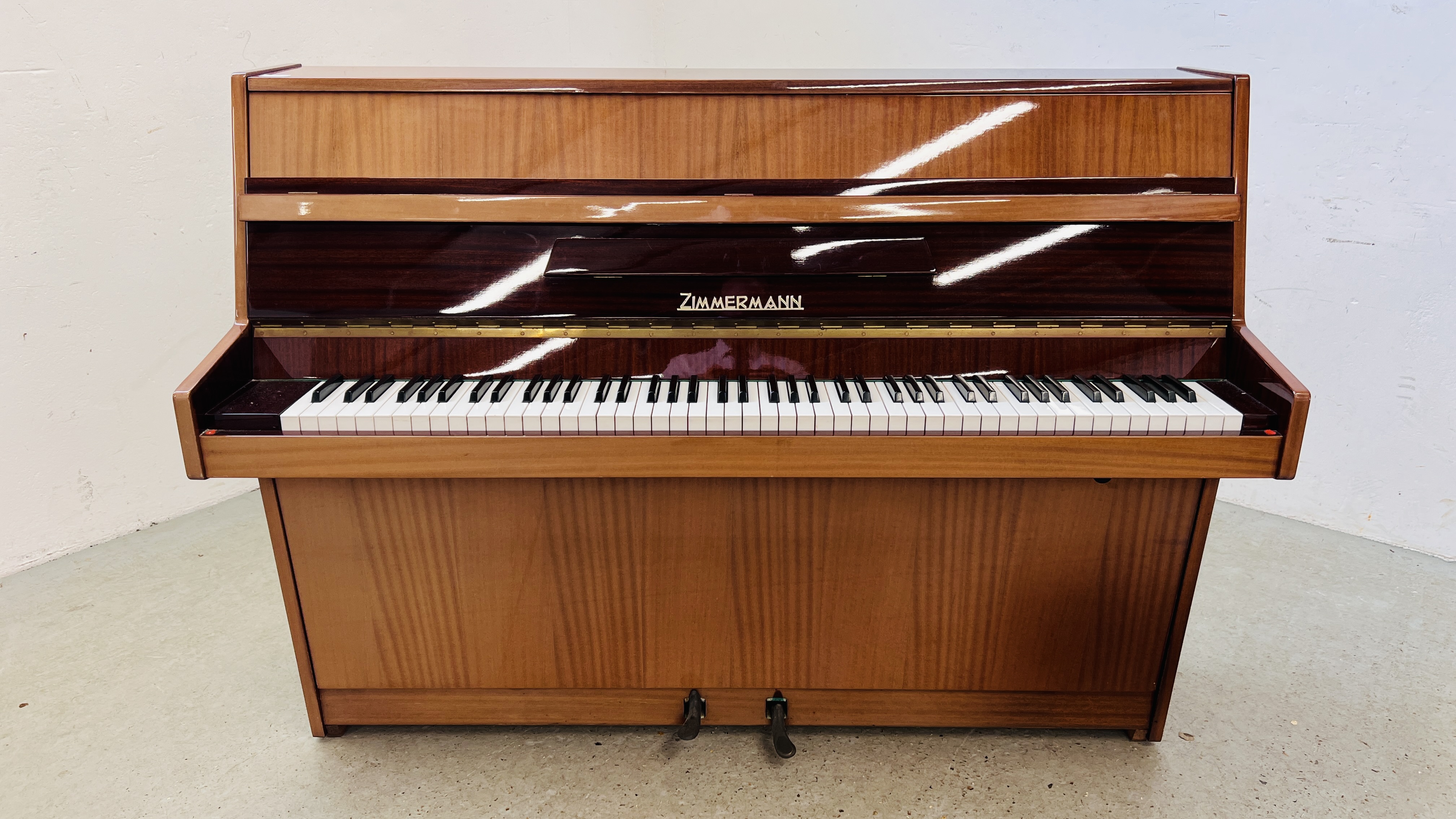 A ZIMMERMAN UPRIGHT PIANO AND STOOL W 142CM X D 53CM X H 108CM