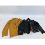 A VINTAGE BLACK LEATHER MOTORBIKE JACKET MARKED HIGHWAYMAN JOHN POLLOCK ALONG WITH A TAN LEATHER