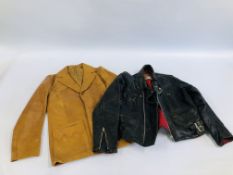 A VINTAGE BLACK LEATHER MOTORBIKE JACKET MARKED HIGHWAYMAN JOHN POLLOCK ALONG WITH A TAN LEATHER