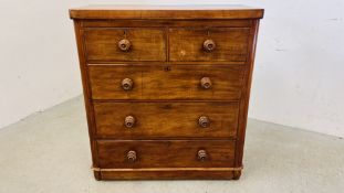 A VICTORIAN MAHOGANY 2 OVER 3 DRAWER CHEST WITH TURNED HANDLES - W 96CM X D 43CM X H 104.5CM.