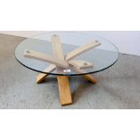 MARKS AND SPENCER DESIGNER OAK / GLASS COFFEE / OCCASIONAL TABLE - DIAMETER 80CM. HEIGHT 39CM.