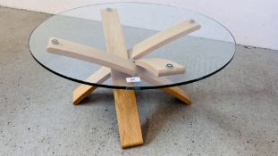 MARKS AND SPENCER DESIGNER OAK / GLASS COFFEE / OCCASIONAL TABLE - DIAMETER 80CM. HEIGHT 39CM.