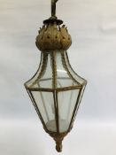 AN ELABORATE ANTIQUE GILT METAL FINISH PENDANT LANTERN H 80CM APPROX.