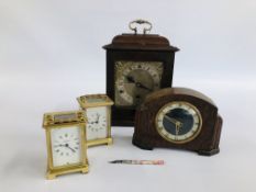 A GROUP OF 4 CLOCKS TO INCLUDE 2 X BRASS CARRIAGE CLOCKS MARKED BAYARD (REQUIRE ATTENTION).