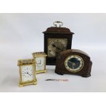 A GROUP OF 4 CLOCKS TO INCLUDE 2 X BRASS CARRIAGE CLOCKS MARKED BAYARD (REQUIRE ATTENTION).