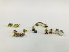 TWO PAIRS OF 9CT GOLD STONE SET STUD EARRINGS + A PAIR OF 9CT WHITE GOLD EXAMPLES + THREE PAIRS