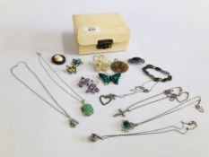 A BOX OF WHITE METAL AND SILVER JEWELLERY BROOCHES, PENDANTS AND EARRINGS ETC.