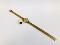 A VINTAGE 9CT GOLD CASED WATCH MARKED "MIRA" ON A STAINLESS STEEL GILT FINISH STRAP ALONG WITH A