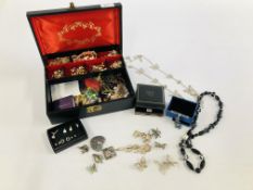 A JEWELLERY BOX CONTAINING A QUANTITY OF COSTUME JEWELLERY INCLUDING WATCHES, EARRINGS, NECKLACES,