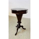 A VINTAGE MAHOGANY OCTAGONAL WORK / SEWING TABLE ON TRIPOD BASE. H 71CM X W 41CM.