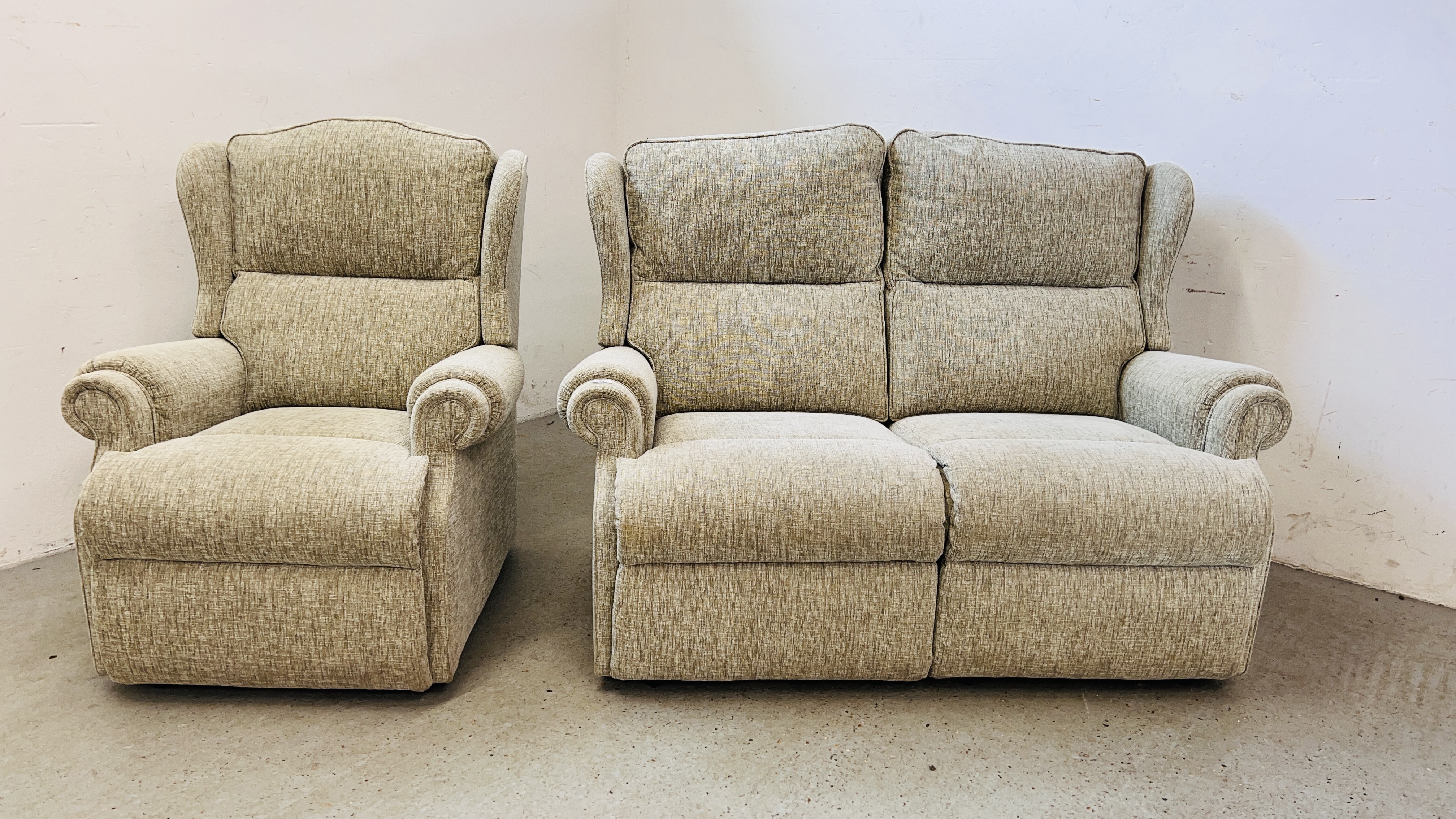 A GOOD QUALITY "SHERBORNE" TWO SEATER SOFA W 140CM X D 82CM X H 94CM ALONG WITH A MATCHING ARMCHAIR.
