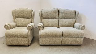 A GOOD QUALITY "SHERBORNE" TWO SEATER SOFA W 140CM X D 82CM X H 94CM ALONG WITH A MATCHING ARMCHAIR.