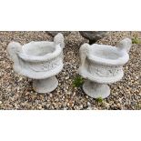 A PAIR OF CLASSICAL DESIGN TWIN HANDLED STONEWORK PEDESTAL GARDEN URN PLANTERS, HEIGHT 45CM,