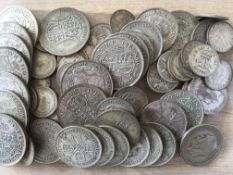 TUB OF PRE 1947 SILVER COINS, FACE APPROX £4.