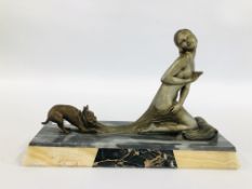 AN ART DECO CLASSICAL STUDY OF KNEELING LADY AND DOG ON MARBLE BASE SIGNED J. SALVAGE.