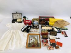 BOX CONTAINING MISC. COLLECTABLES TO INCLUDE MECCANO, ADVERTISING MIRROR, VINTAGE TINS, WATCHES ETC.