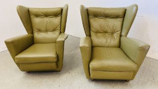 A PAIR OF HOWARD KEITH STYLE MID CENTURY WING BACK CHAIRS WITH BUTTON BACK,