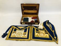 A GROUP OF MASONIC REGALIA TO INCLUDE TWO APRONS,