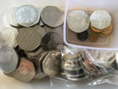 TUB WITH COLLECTIBLE 50p PIECES (60), ALSO OTHER COINS,
