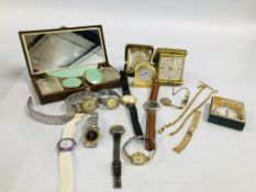 BOX OF MIXED WATCHES AND TRAVELLING CLOCKS ALONG WITH A CASED TRAVELLING VANITY SET.
