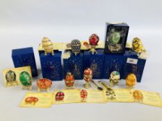 11 BOXED ATLAS REPRODUCTION FABERGE EGGS - MANY WITH CERTIFICATES.