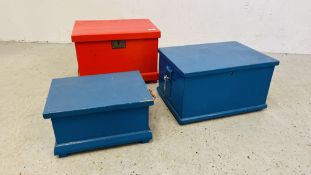 3 VINTAGE WOODEN TOOL BOXES - RED AND BLUE PAINTED - VARIOUS SIZES.