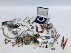 A BOX OF ASSORTED COSTUME JEWELLERY TO INCLUDE BEADED NECKLACES AND BANGLES ETC.