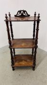 A VICTORIAN THREE TIER WOT NOT WITH TURNED SUPPORTS AND INLAID DETAIL, W 45CM, D 32CM, H 103CM.