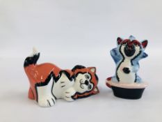 TWO LORNA BAILEY CAT COLLECTIBLE ORNAMENTS TO INCLUDE BATHTIME & CUTE OTHER BEARING SIGNATURES.
