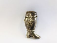 A WHITE METAL SNUFF BOX IN THE FORM OF A BOOT PROBABLY C18TH, CONTINENTAL (SOME WEAR) H 6.5CM.