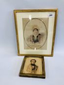 TWO FRAMED VICTORIAN WATERCOLOUR PORTRAITS, ONE SIGNED M.A. ELDER 1814 11 X 14CM.